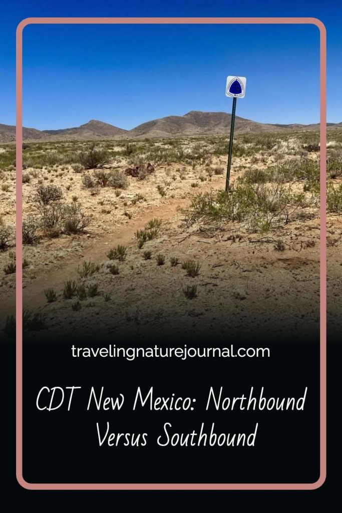 A look at the CDT in New Mexico with a desert trail and trail marker.