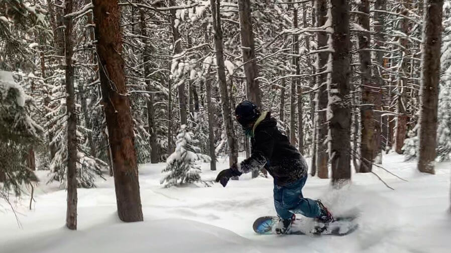 Man snowboarding through the snow in trees.