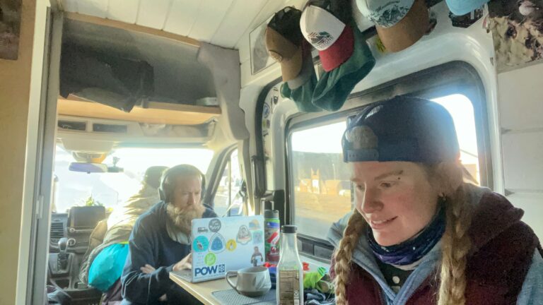 A travel couple working the sugar beet harvest and taking a break in their converted van.