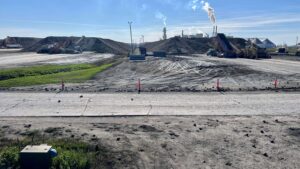 View of two large sugar beet piles.