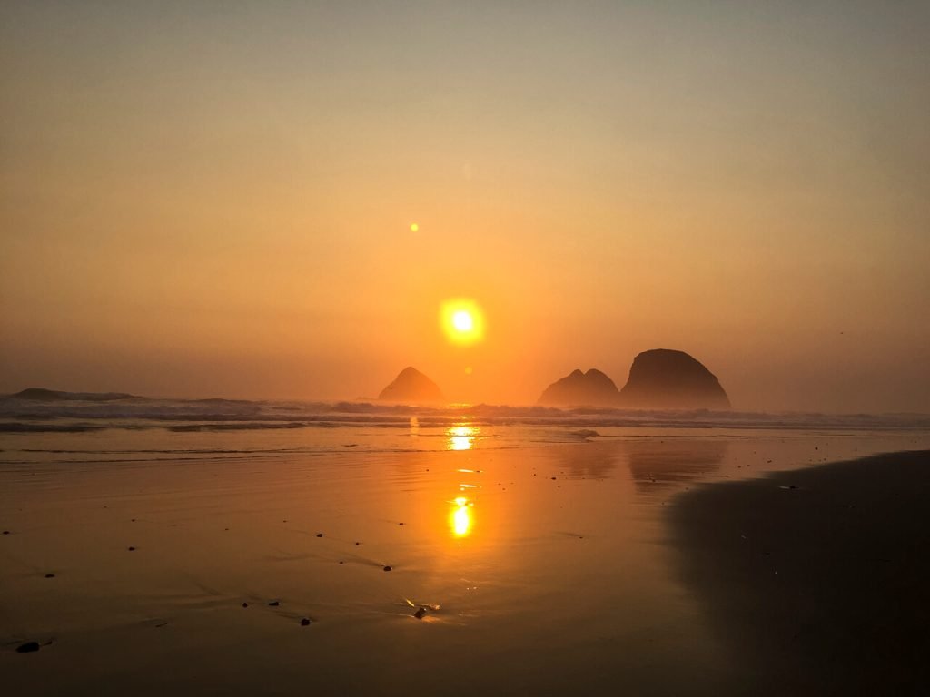 Sunset along the Oregon Coast with sea stacks