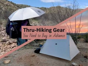 A woman thru-hiker with an SMD backpack & umbrella in the top left and an SMD haven tent in the bottom right for a blog post about thru-hiking gear.