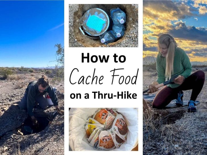 Various elements that go into how to cache food on a thru-hike: digging, 5-gallon bucket, and food.