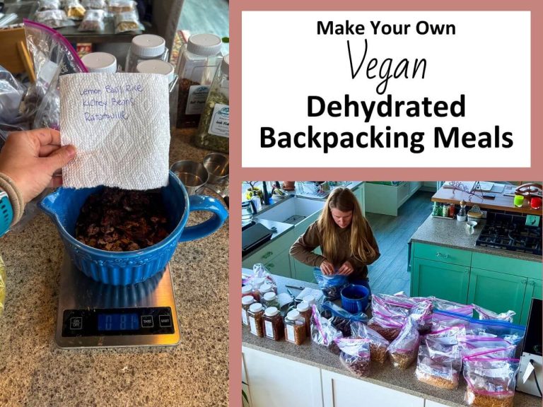 Two photos of a woman assembling vegan dehydrated backpacking meals in a kitchen.