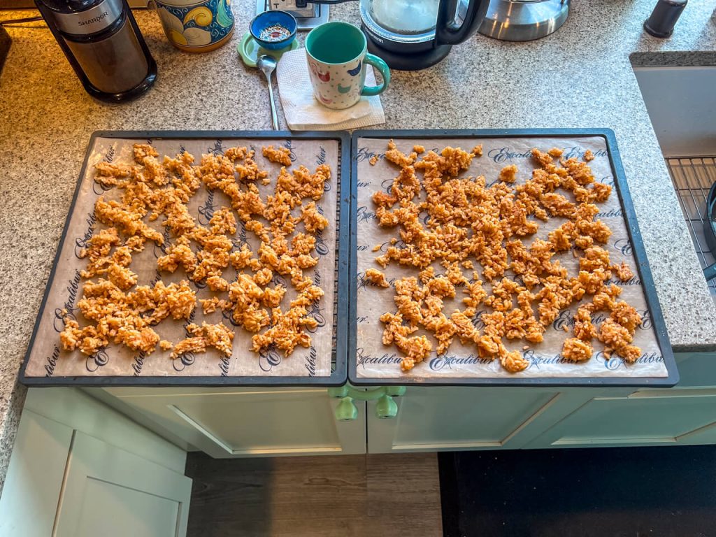 When you're ready to dehydrate Spanish Rice, spread it out evenly over your dehydrator trays.