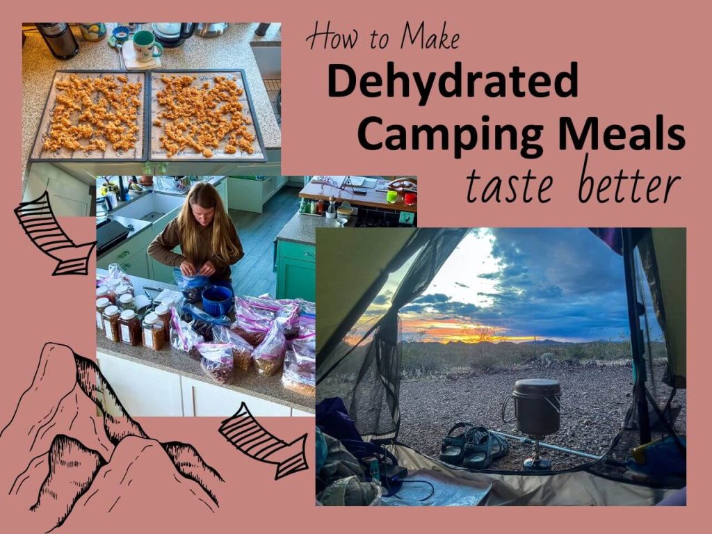 Graphic with three photos showing the evolution of dehydrated cmaping meals with text.