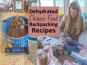 Graphic of a woman putting together dehydrated Chinese Food backpacking meals in a kitchen with a close up of the dehydrated food and text.