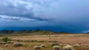 A storm on the horizon in the desert.
