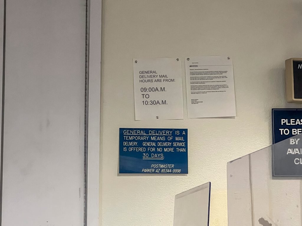 Parker, Arizona post office general delivery restrictions.