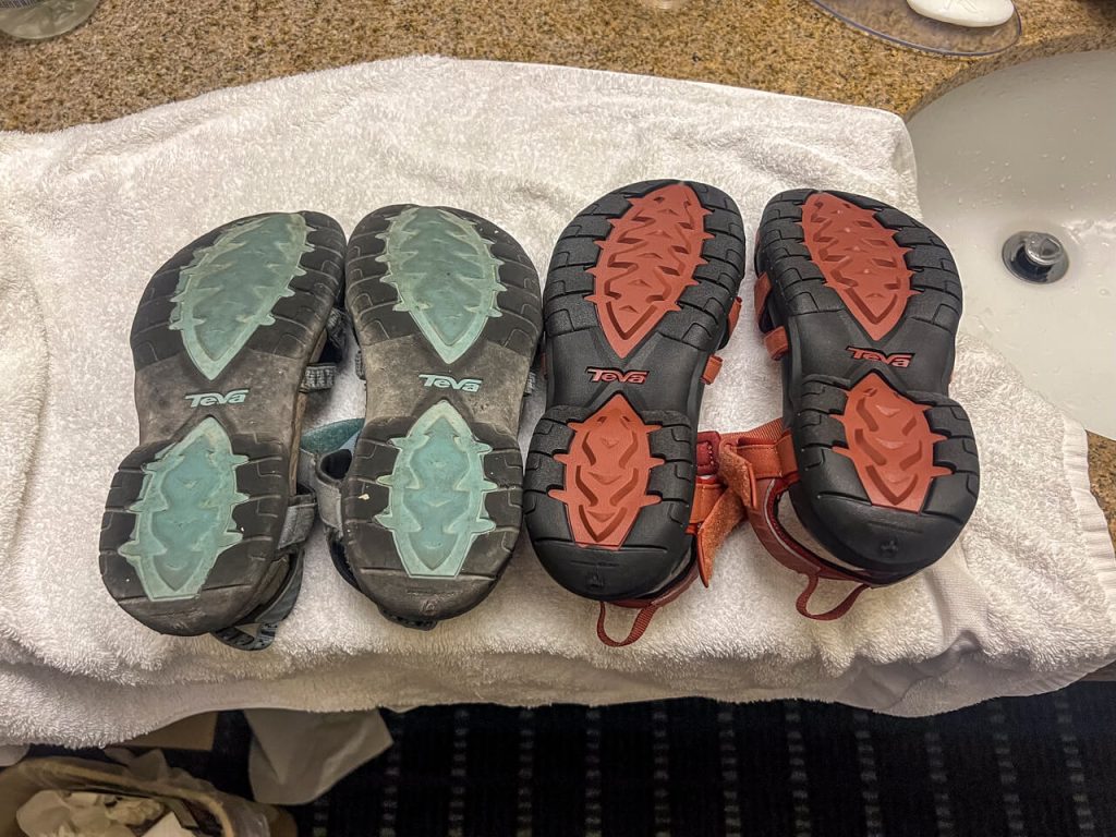 Left sandals hiked 475 miles next to brand new teva sandals on the right.