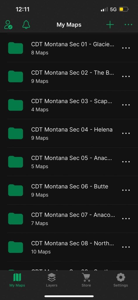 Avenza Map folders main screen for GPS thru-hiking apps.