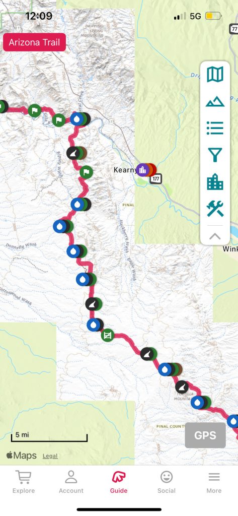 Image showing the GPS thru-hiking app Far Out Guides hiking interface for the Arizona Trail.