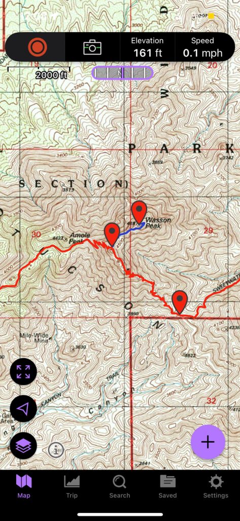 Image of the Gaia GPS interface with a GPS track uploaded of Saguaro National Park West.
