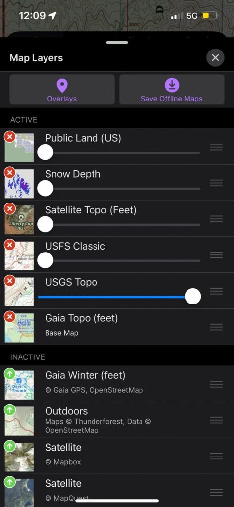 Image depicting some of the Map layer options in Gaia GPS premium.