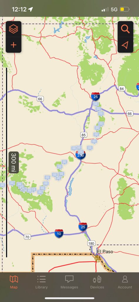 An image of Veggie and Karma's campsite messages in New Mexico on the Grand Enchantment Trail in the Garmin Explore App.