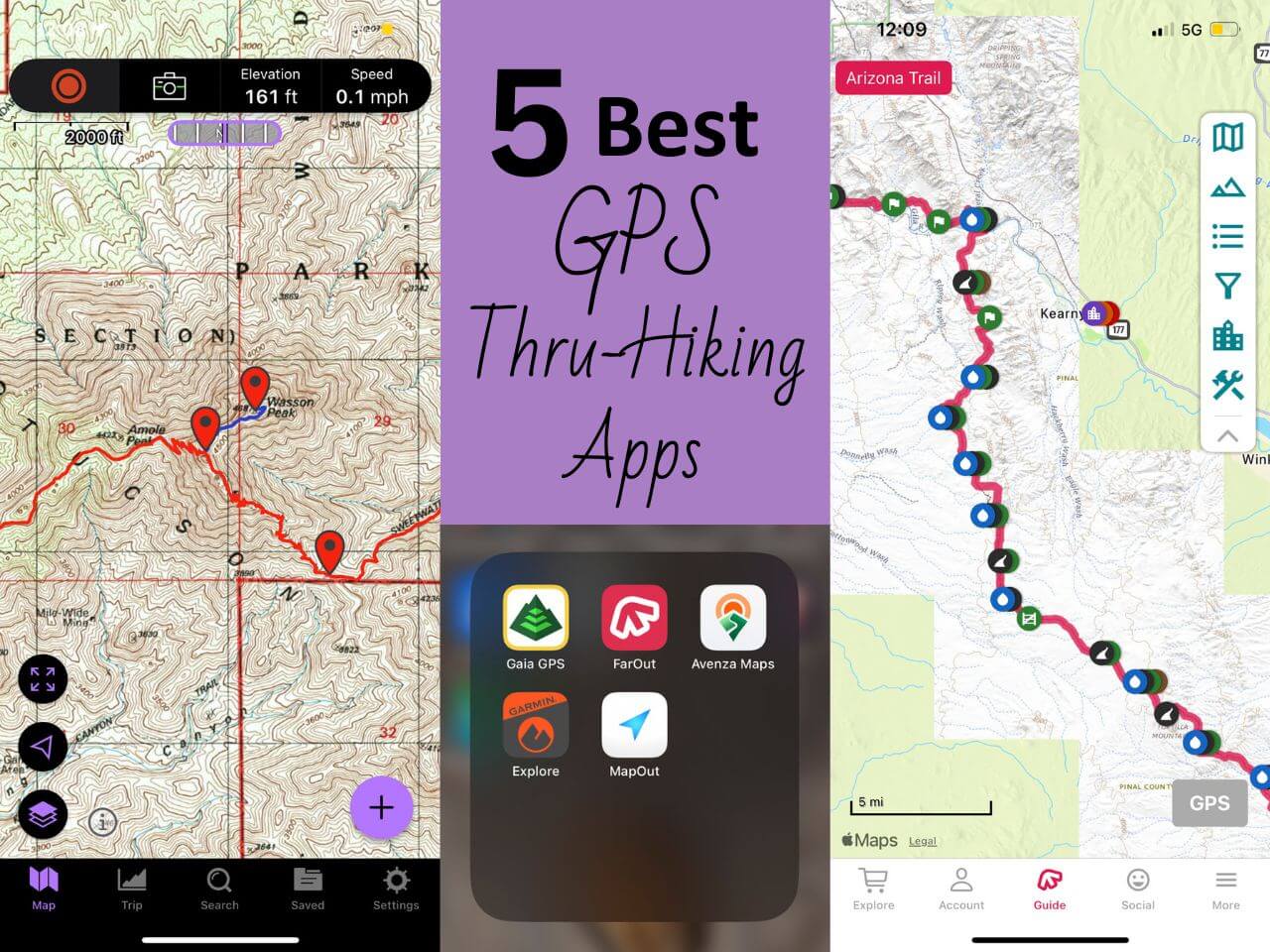 Graphic depicting 2 of the 5 best GPS thru-hiking apps: GaiaGPS and FarOut Guides.