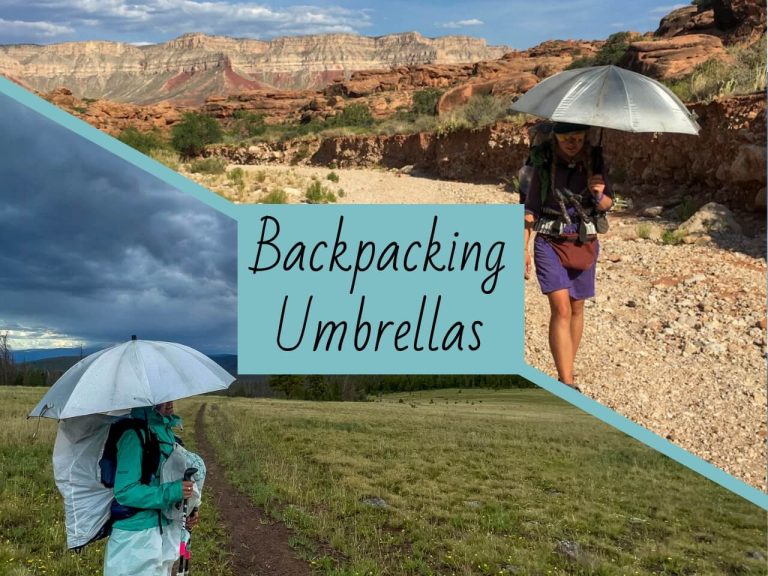 A thru-hiking woman using her backpacking umbrella in the rain and for shade in the sun.