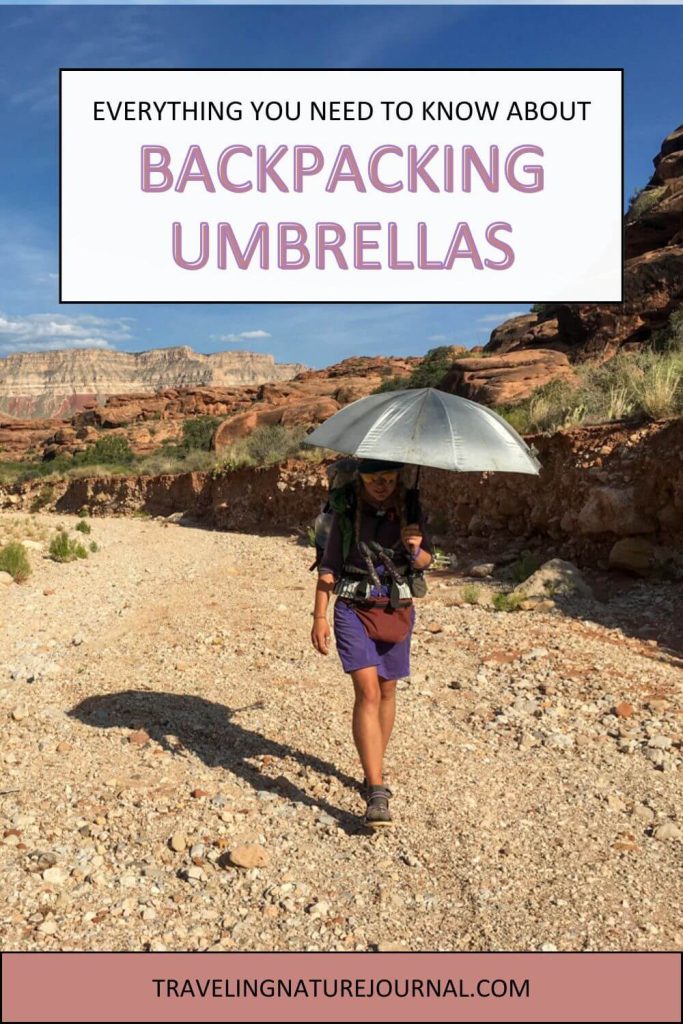 A thru-hiking woman using a reflective sun umbrella while hiking in the desert with text for a pin.