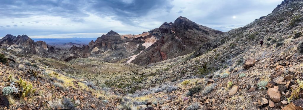 Descending some rocky slopes in desert mountains.