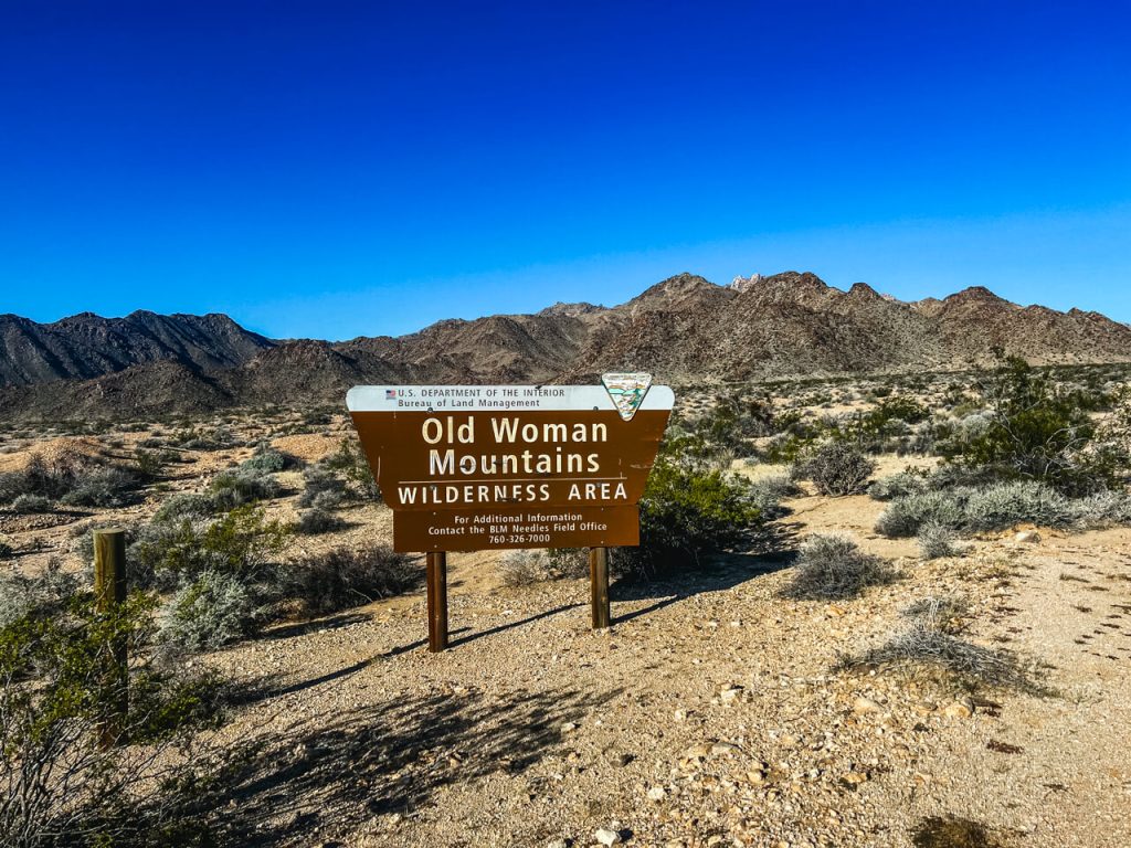 Old Woman Wilderness Sign in the middle of the desert.