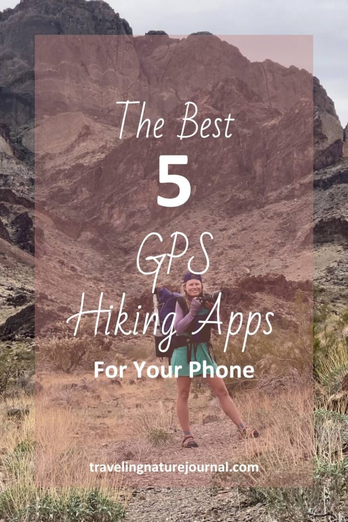 A hiking graphic with text about the 5 best gps thru-hiking apps with a woman backpacker.