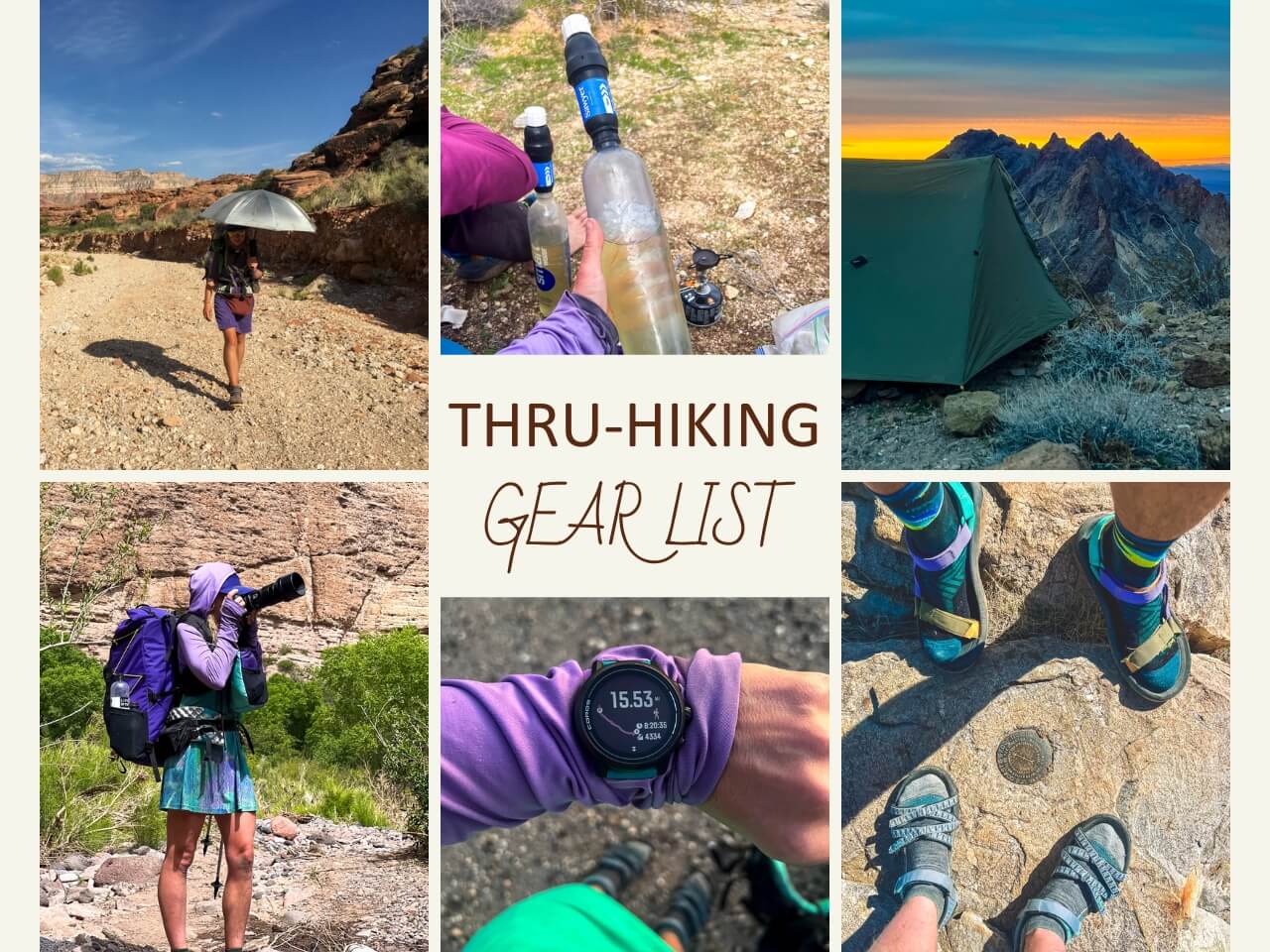 Thru-hiking gear list with photos of the gear being used on various thru-hikes!