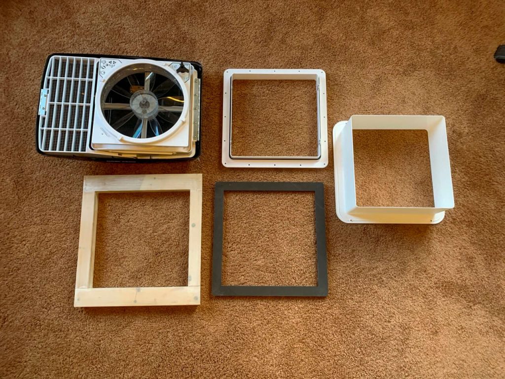 All five pieces of the MaxxAir Fan Deluxe for installation
