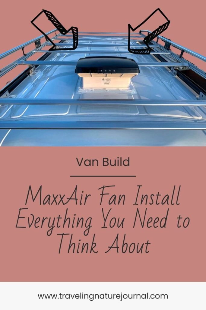 The roof of a Ford Transit Van with two arrows pointing to the MaxxAir Fan Deluxe and instructions on how to install it.