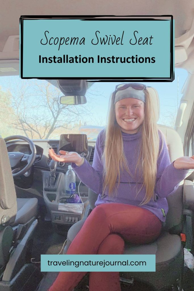 A graphic with text and a photo showing you how to install a Scopema Swivel Seat on a Ford Transit Van.