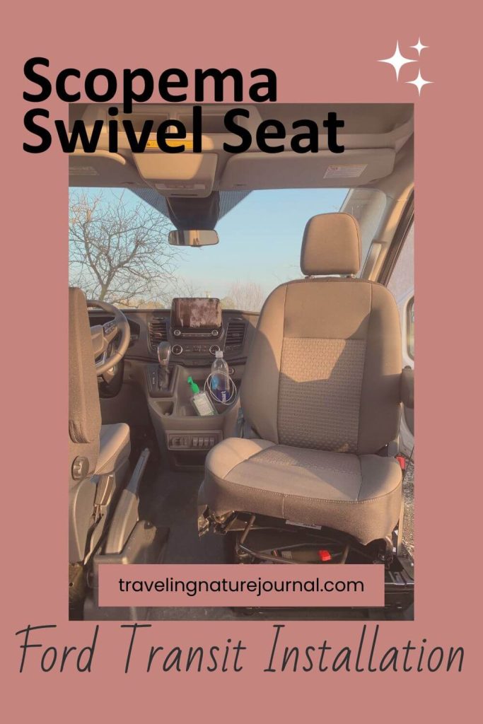 A graphic with text and a photo showing you how to install a Scopema Swivel Seat on a Ford Transit Van.