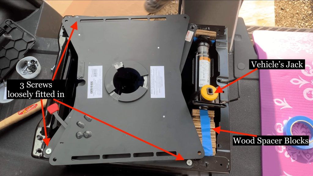 A graphic photo explaining a work around to get the final bolt holes to align between the bottom of the Scopema Swivel Seat and the Ford Transit seat base,