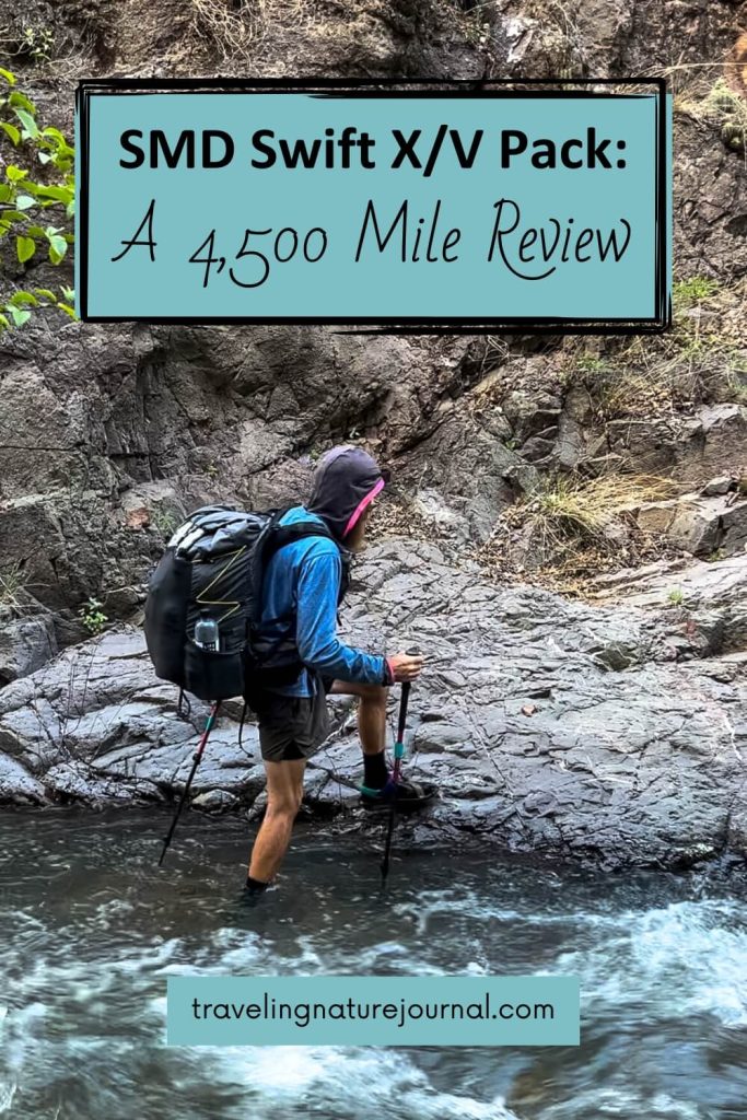 A thru-hiker crosses a creek with a Swift V backpack and text.