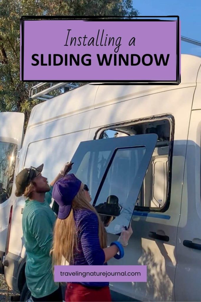 Installing your own van sliding window graphic with a van couple on their DIY van build.