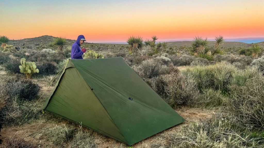 Soft California sunset at a campsite in the Mojave Desert.