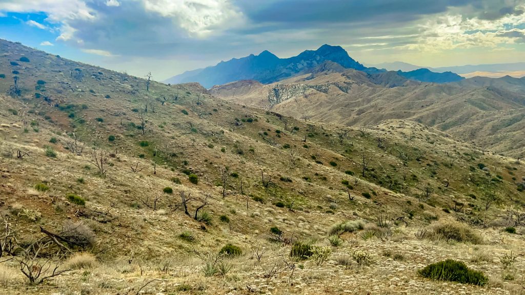Near a high point of desert mountain range looking into a canyon.