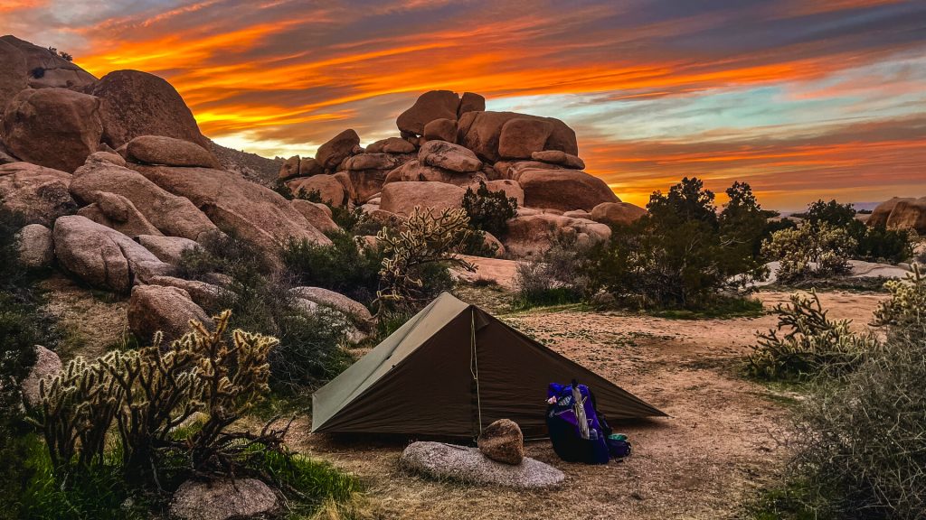 A southern California campsite with a flashy sunset.