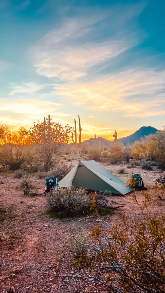 A warm Arizona sunset over the Haven Tent in the desert.