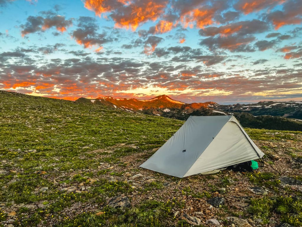 A Colorado high alpine sunset at a thru-hiker campsite.