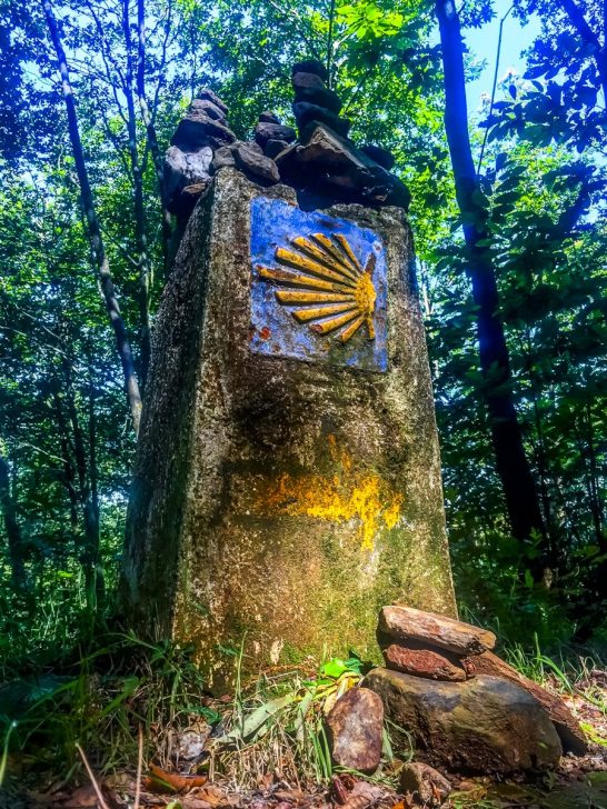 Camino marker in the woods with a rock cairn.