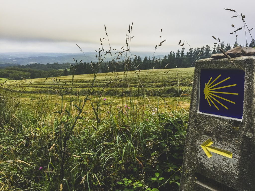 Stone Camino marker near a field.