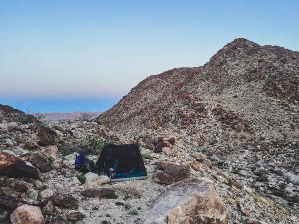 A small campsite where we just set up the bug net without the tarp.
