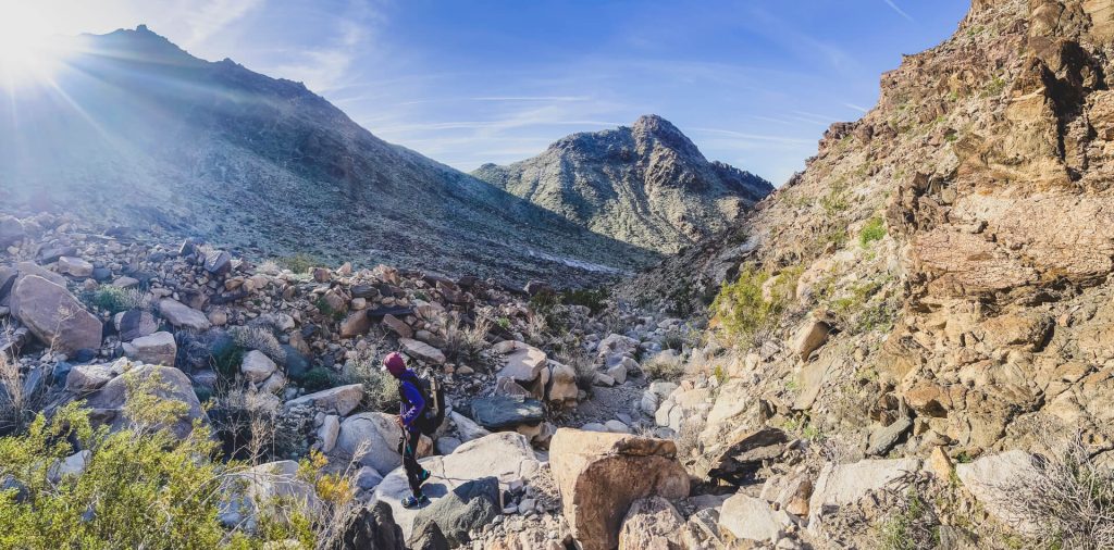Descending a rocky canyon in the California desert.