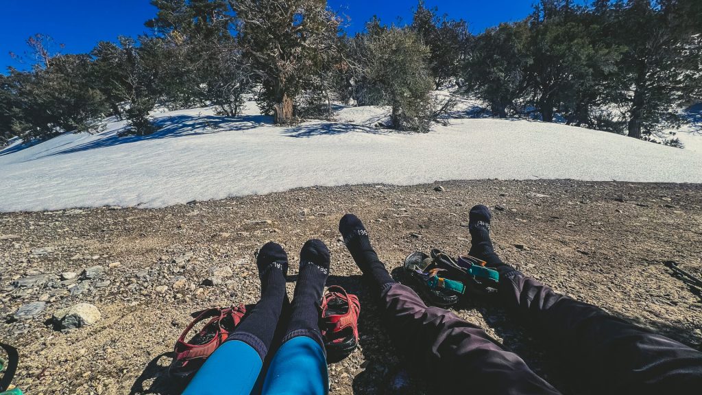 Seal skin socks protecting our feet through the snow.