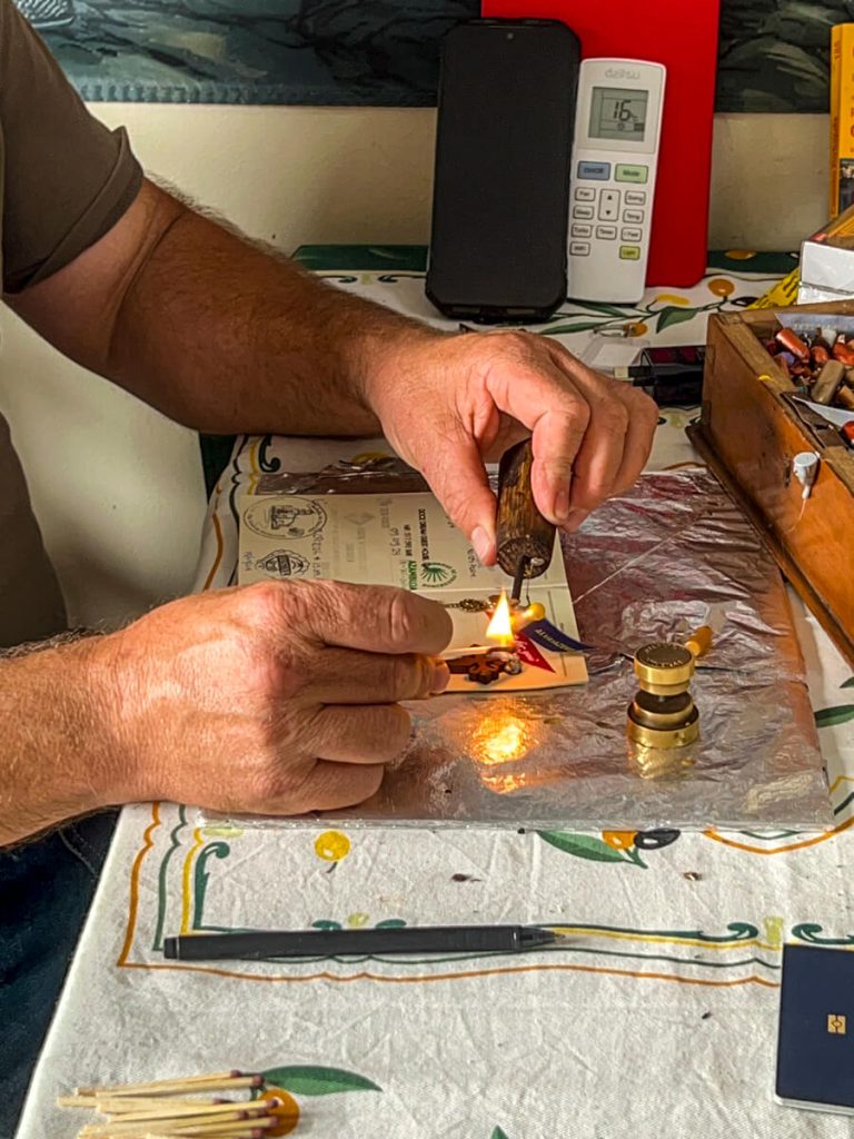 An actual old-school wax stamp for the pilgrim passport (credencial) in Alvaiazere.