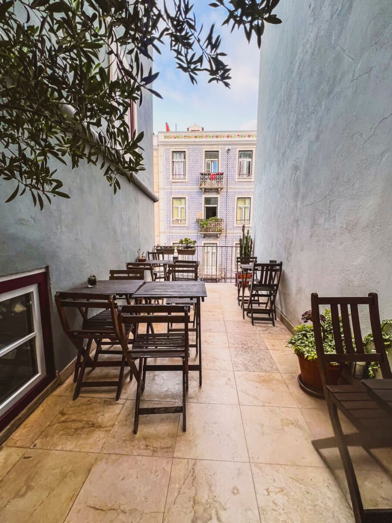 A hostel patio view in Lisbon, Portugal.