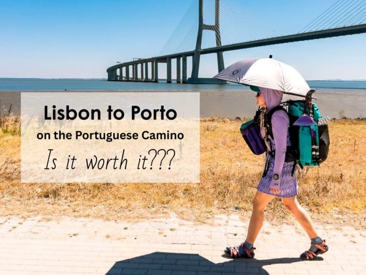 Woman hiker walks in the heat from Lisbon to Porto on the Portuguese Camino.