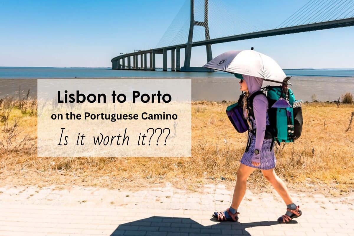 Woman hiker walks in the heat from Lisbon to Porto on the Portuguese Camino.