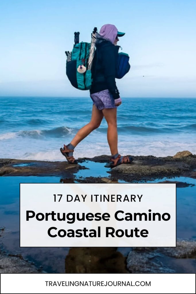 Woman backpacker walking the Coastal Route on the Portuguese Camino from Porto to Santiago.