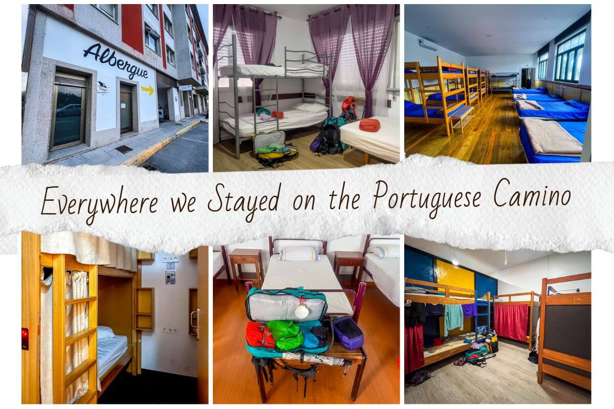 Six different Portuguese Camino Albergues in a graphic for everywhere we stayed when we hiked it.