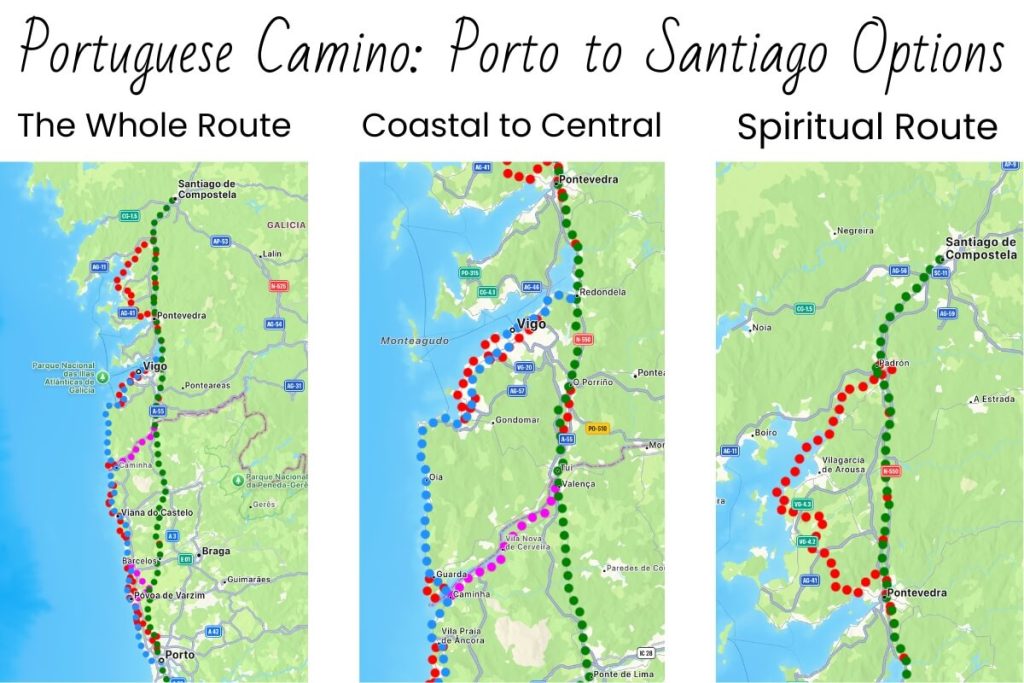 Three maps depicting the Portuguese Camino from Porto to Santiago with the route options.